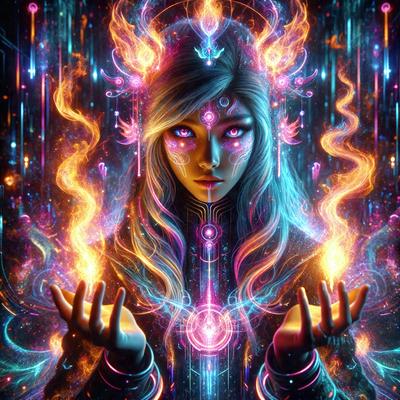 The primary subject of the image is a woman with long hair, wearing a black and purple outfit. She is holding a yellow ball in her hands. The setting is a futuristic environment, with a backdrop of a colorful, swirling pattern. The visual style is a digital art or illustration, with a vibrant and lively atmosphere.